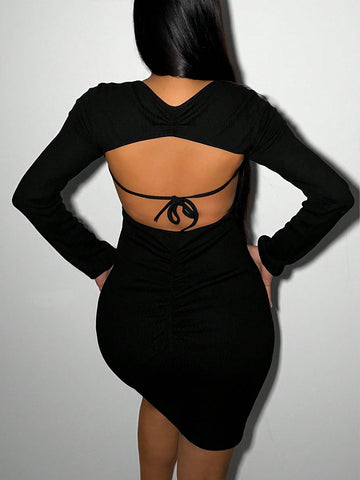 Cut Out Tie Back Ruched Bodycon Dress