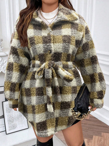 Plus Plaid Print Belted Teddy Coat