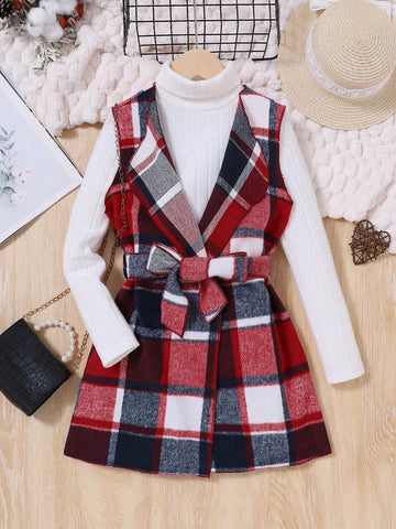 Tween Girl 1pc Plaid Print Waterfall Collar Belted Vest Coat & 1pc Tee