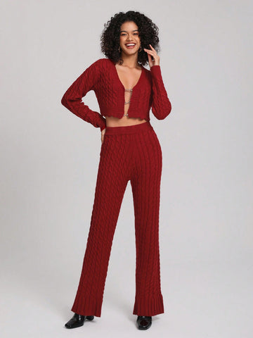 Solid Crop Cardigan & Flare Leg Cable Knit Pants