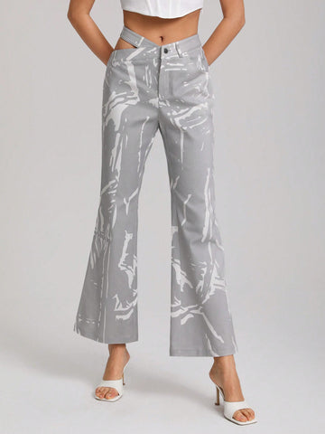 Graphic Print Cut Out Waist Flare Leg Pants