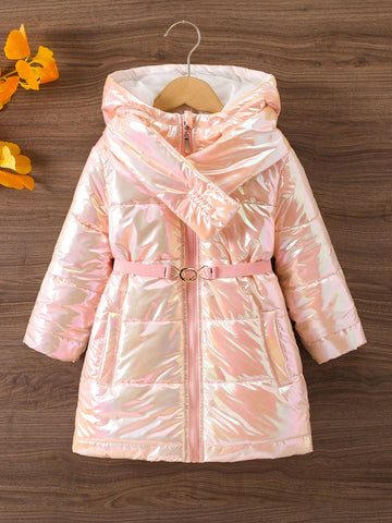 Little Girls' Pink Glossy Padded Coat With Detachable Scarf And Waist Drawstring