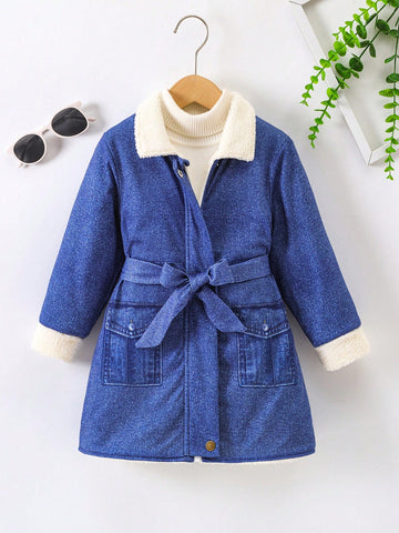 Young Girl Knitted Floral Print Plush Lined Waist Belt Coat