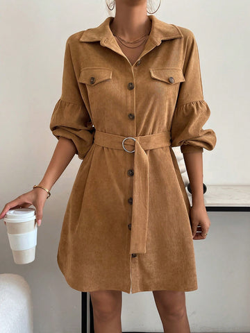 Flap Detail Lantern Sleeve Belted Corduroy Shirt Dress