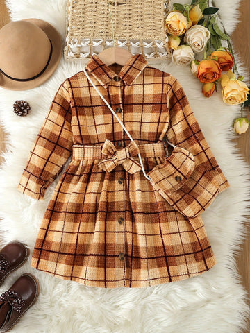 Young Girl Plaid Print Belted Shirt Dress