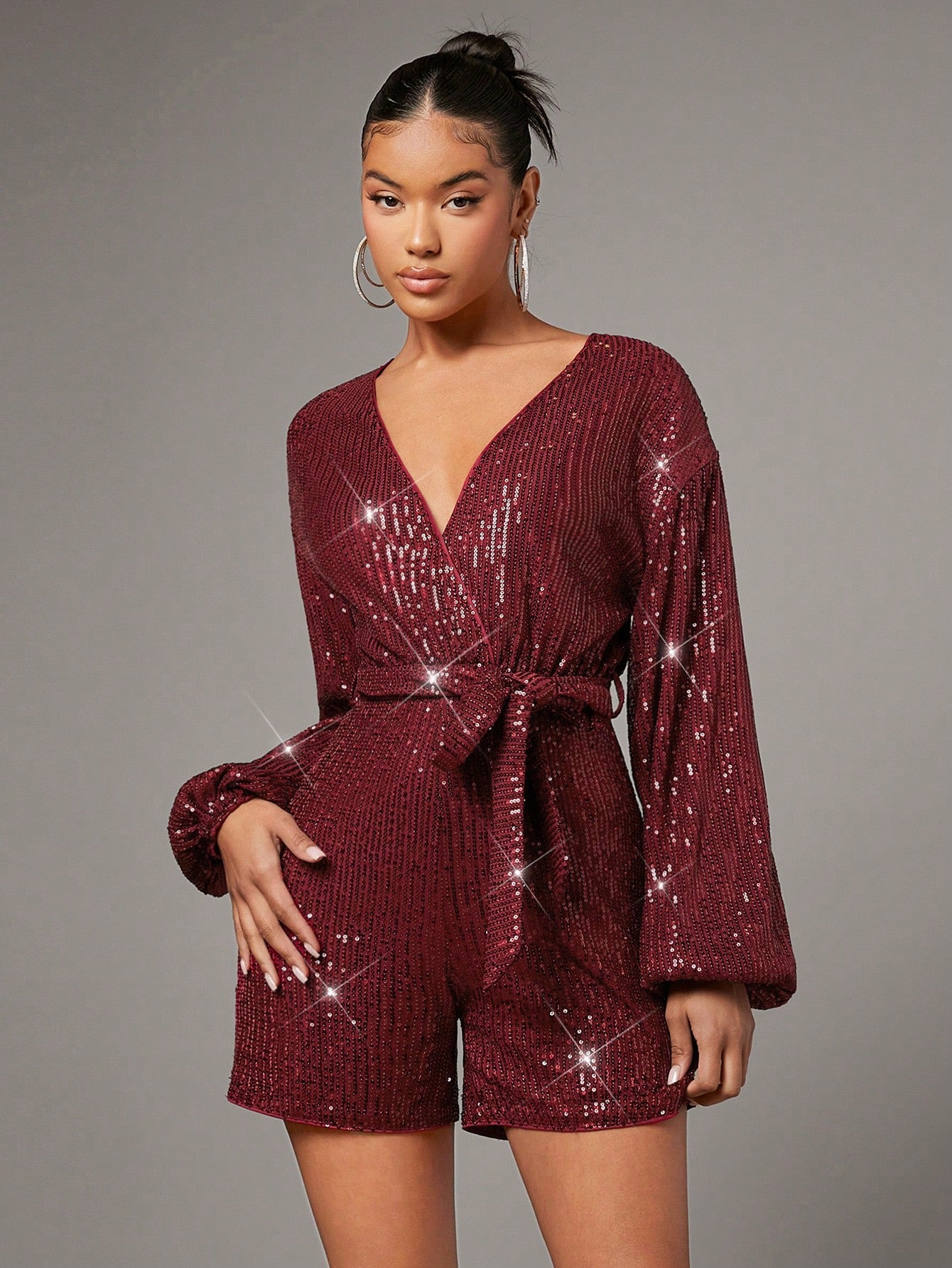 Christmas Surplice Neck Lantern Sleeve Belted Sequin Romper