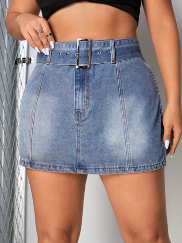 Plus Buckle Belted Denim Skirt