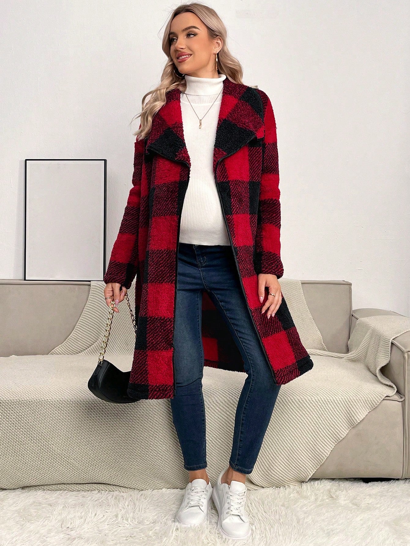 Maternity Buffalo Plaid Pattern Waterfall Collar Teddy Coat