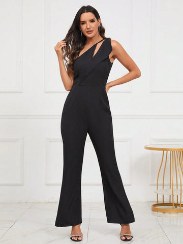 One Shoulder Cut Out Flare Leg Jumpsuit