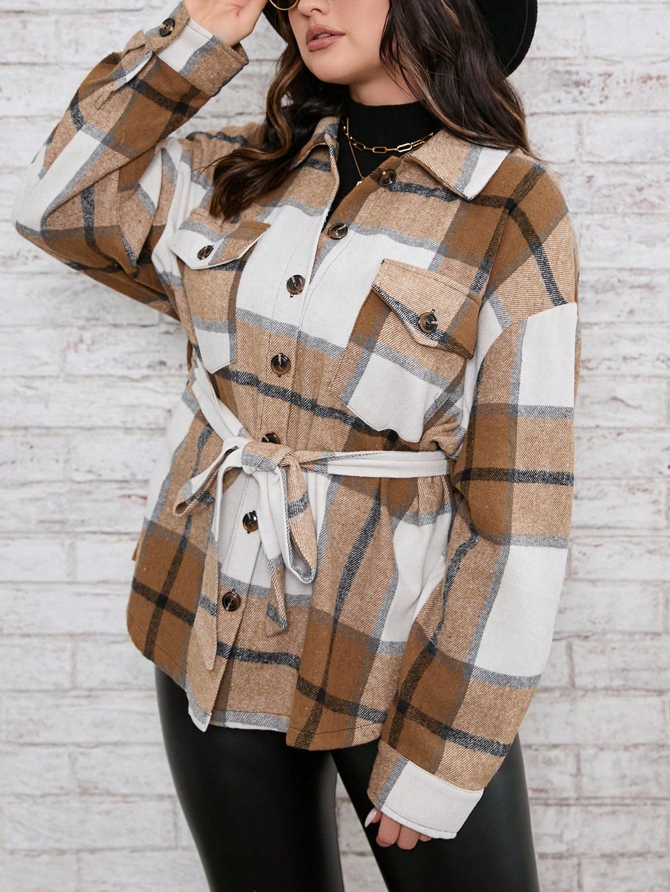 Plus Plaid Print Drop Shoulder Flap Pocket Belted Coat