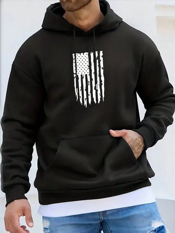 Men 1pc Striped Print Kangaroo Pocket Drawstring Sports Hoodie