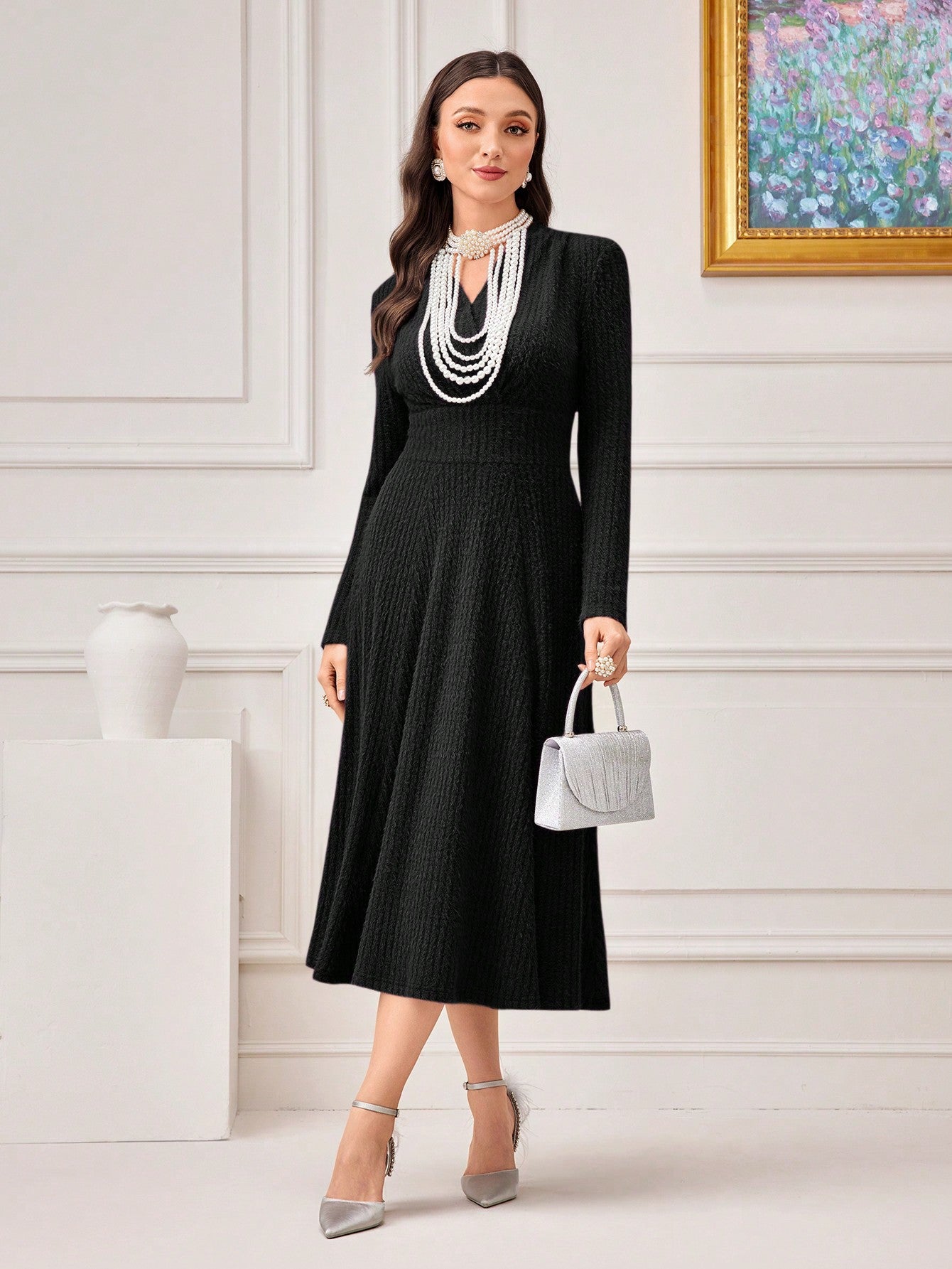 Surplice Neck Rib-Knit Solid Dress Dress For Churches