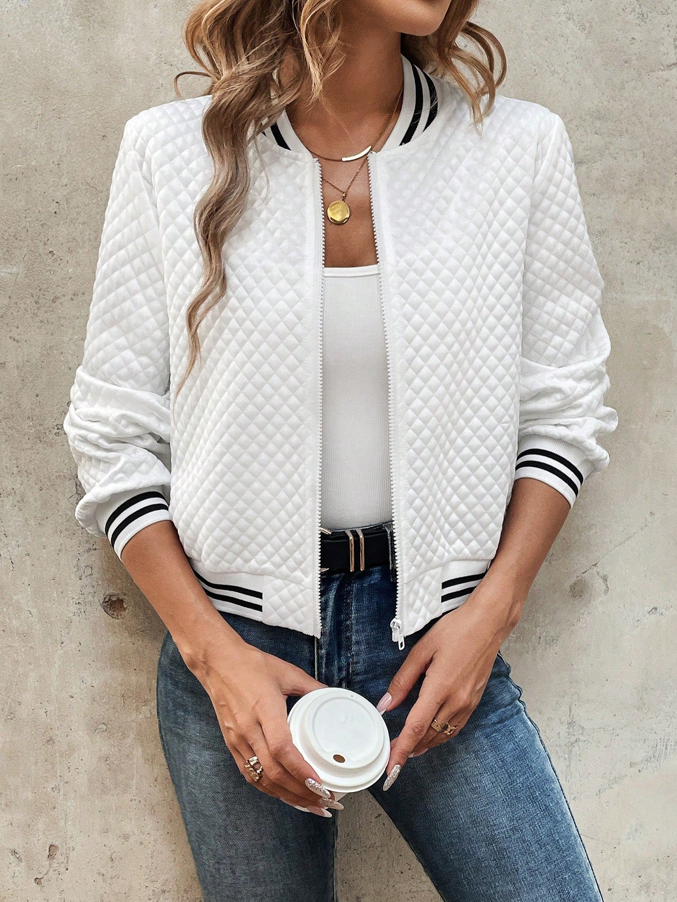 Striped Trim Zip Up Jacket