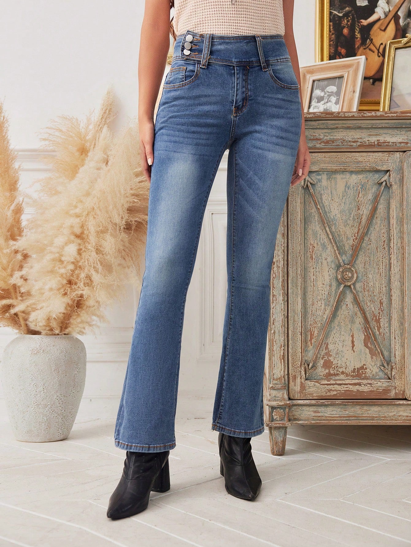 Zip Fly Button Detail High Waist Flare Leg Jeans Bootcut Jeans