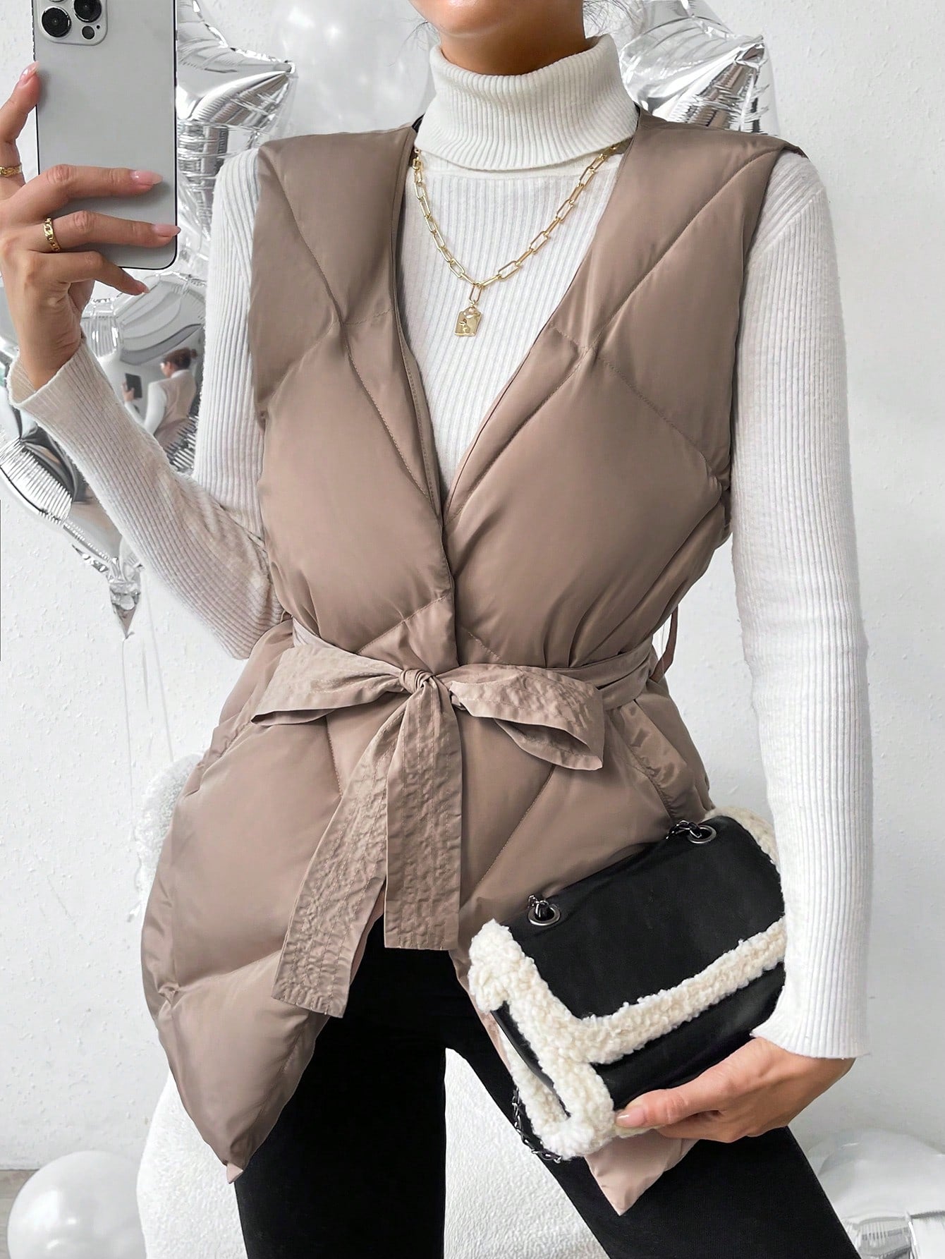 Solid Belted Vest Puffer Coat