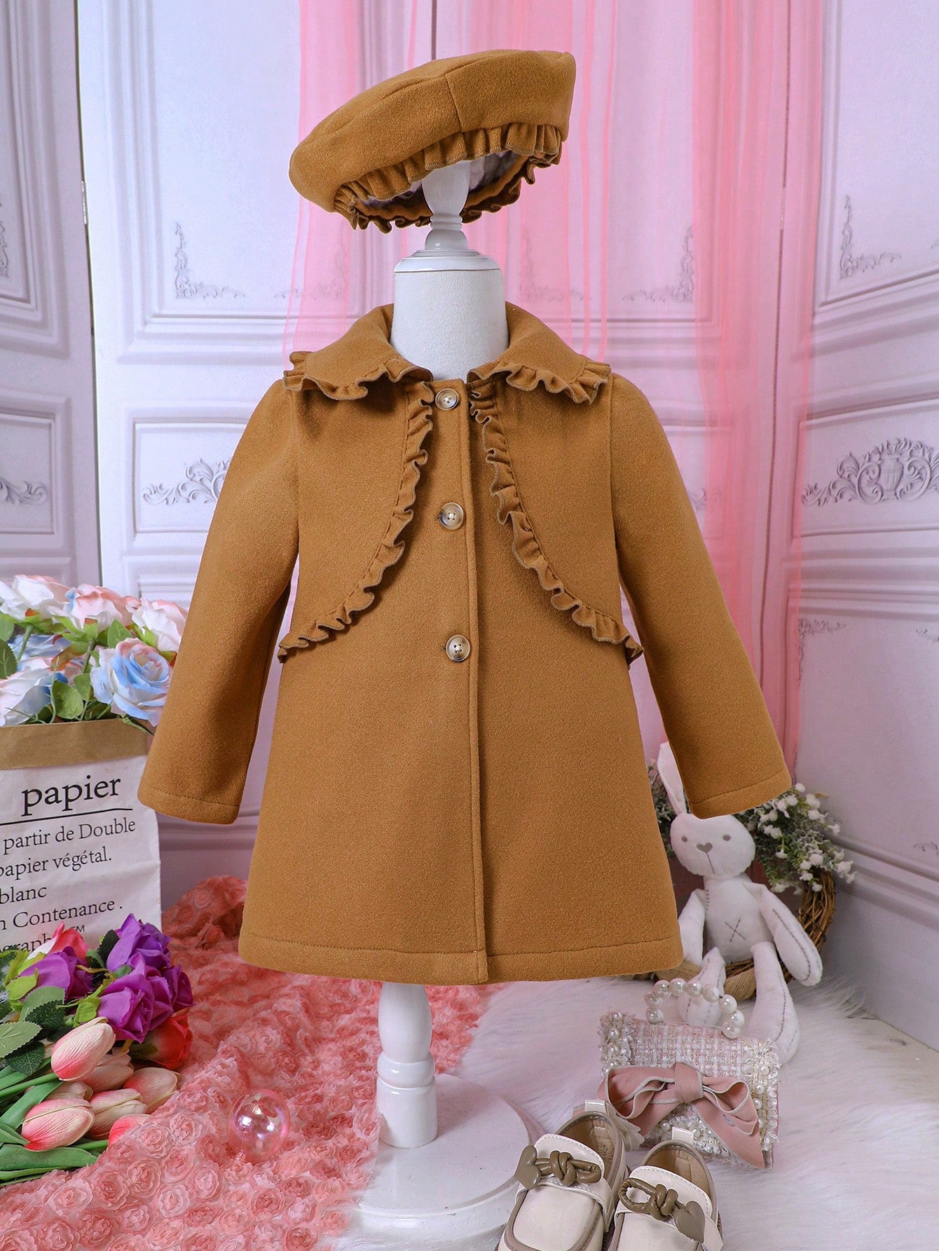 Toddler Girls' Cute Doll Collar Woolen Coat With Beret Hat, Autumn Winter