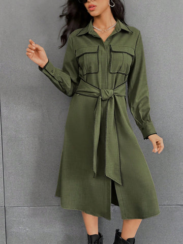 Flap Pocket Contrast Binding Belted Shirt Dress