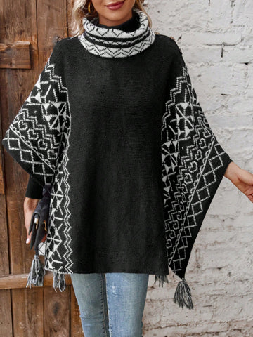 Geo Pattern Tassel Trim Turtleneck Batwing Sleeve Poncho Sweater