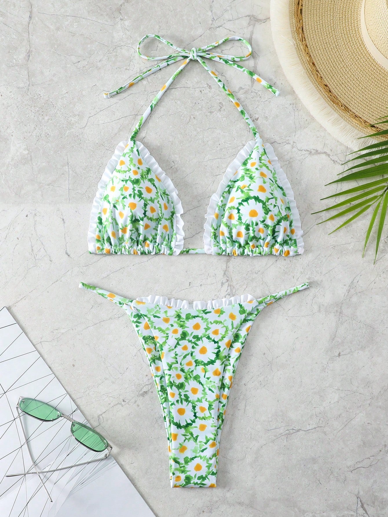 Women's Daisy Print Halter Neck Tie Swimsuit Set