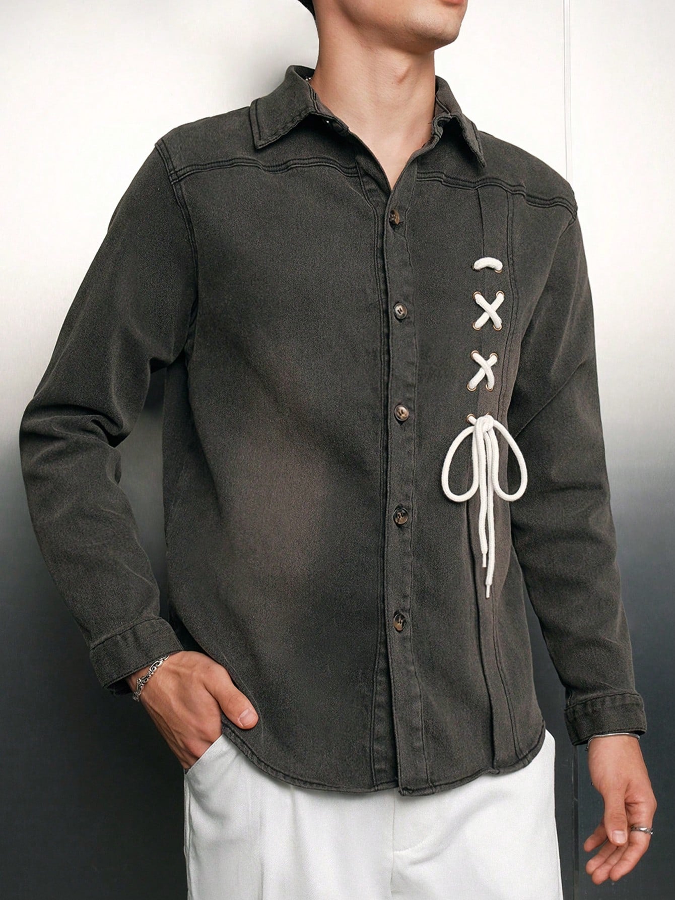 Men Lace Up Front Denim Shirt