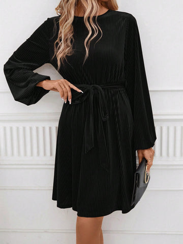 Lantern Sleeve Belted Dress