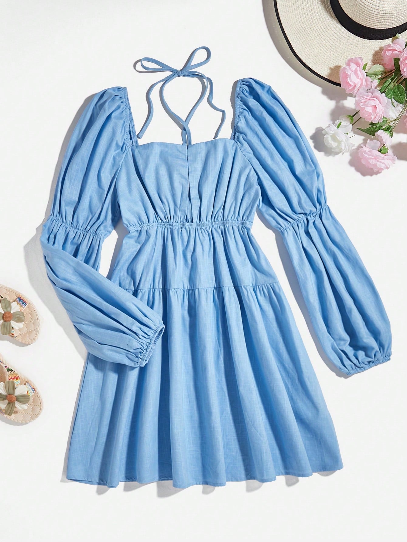 Crisscross Tie Back Lantern Sleeve Dress