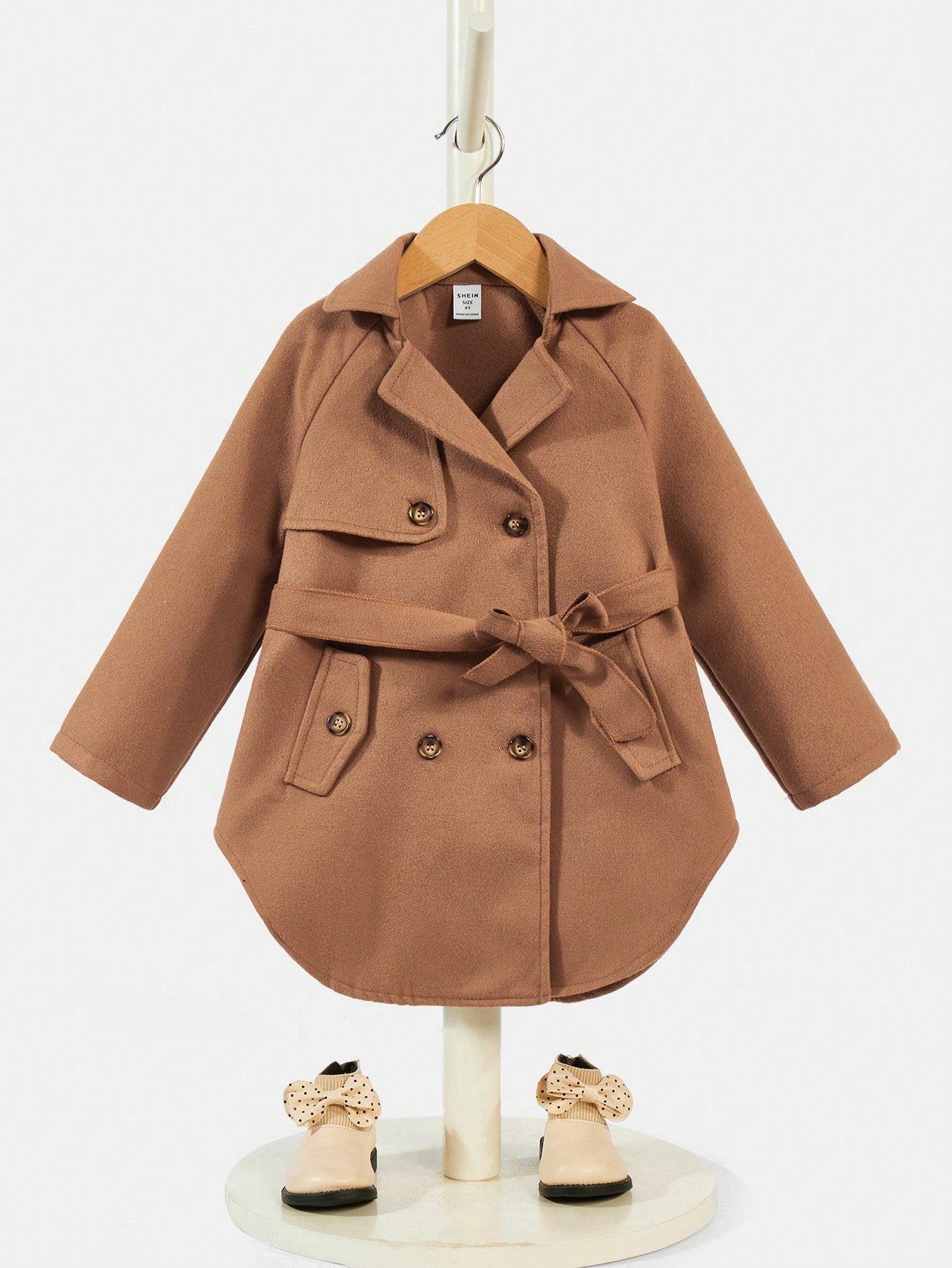 Young Girl Double Breasted Raglan Sleeve Belted Overcoat