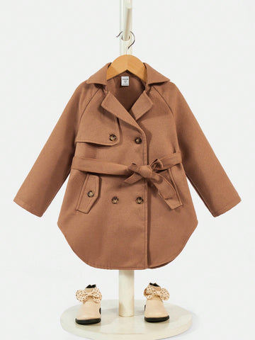 Young Girl Double Breasted Raglan Sleeve Belted Overcoat