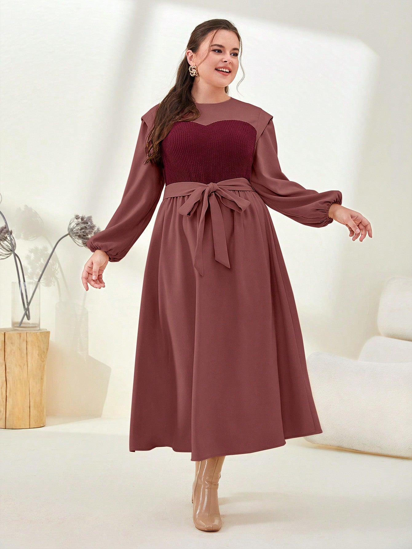 Plus Two Tone Lantern Sleeve Belted Dress