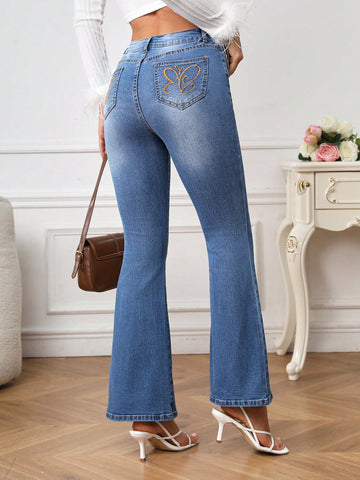 Embroidered Detail High Waist Flare Leg Jeans