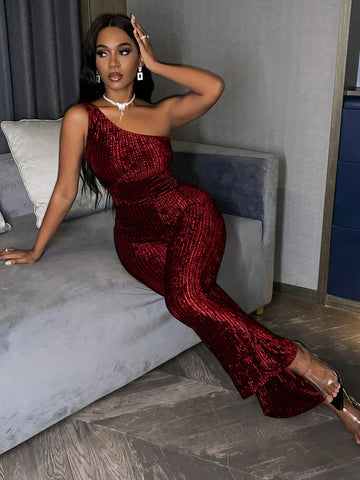 One Shoulder Flare Leg Jumpsuit