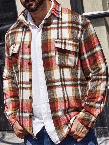 Men Plaid Print Flap Pocket Button Up Overcoat