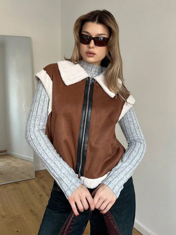 Contrast Teddy Collar Zipper Vest Jacket