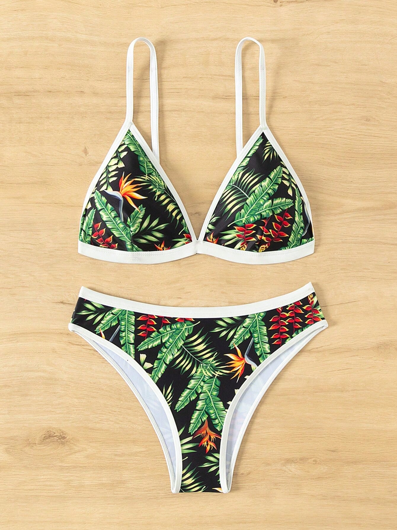 Women's Tropical Print Contrast Trim Halter Neck Bikini Set