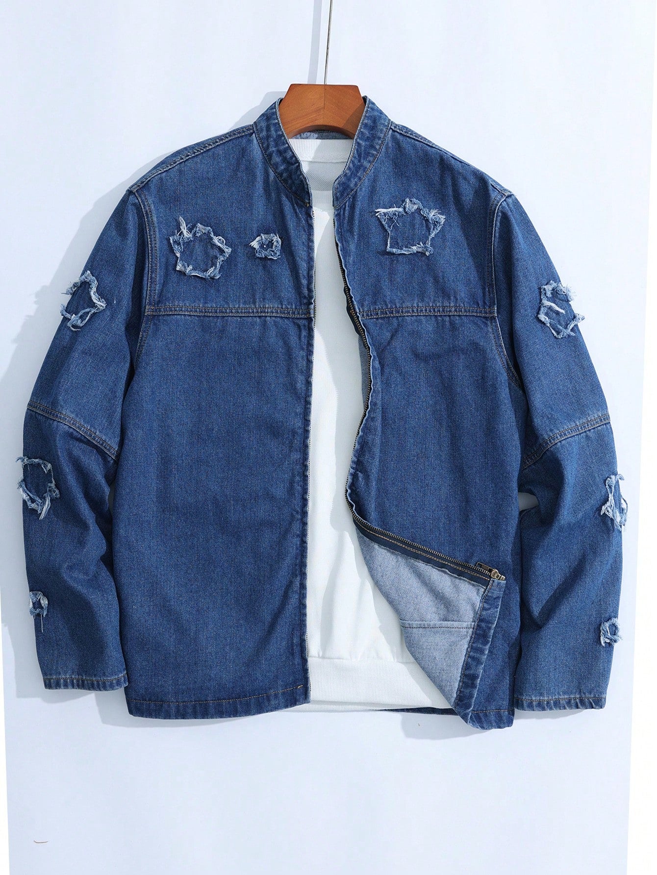 Men Patched Zip Up Denim Jacket Without Tee