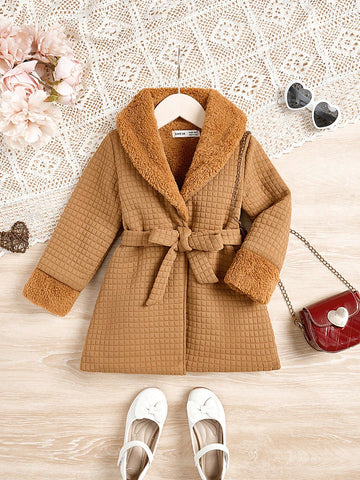 Young Girl Fuzzy Shawl Collar Belted Coat