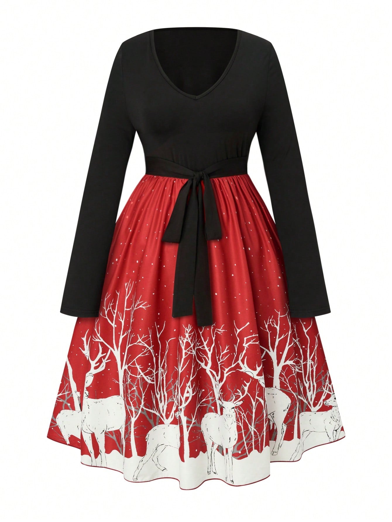 Plus Deer Print Belted Dress