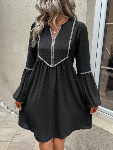 Swiss Dot Contrast Trim Lantern Sleeve Dress