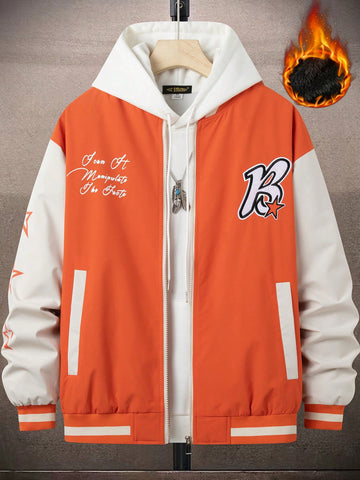 Loose Fit Men's Baseball Jacket With Letter Print And Fleece Lining