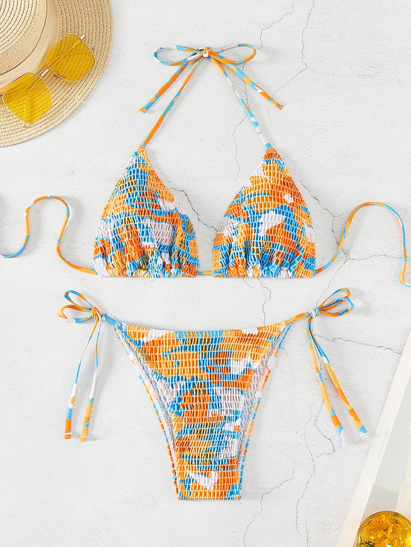 Random Print Knot Detail Side-Tie Bikini Set