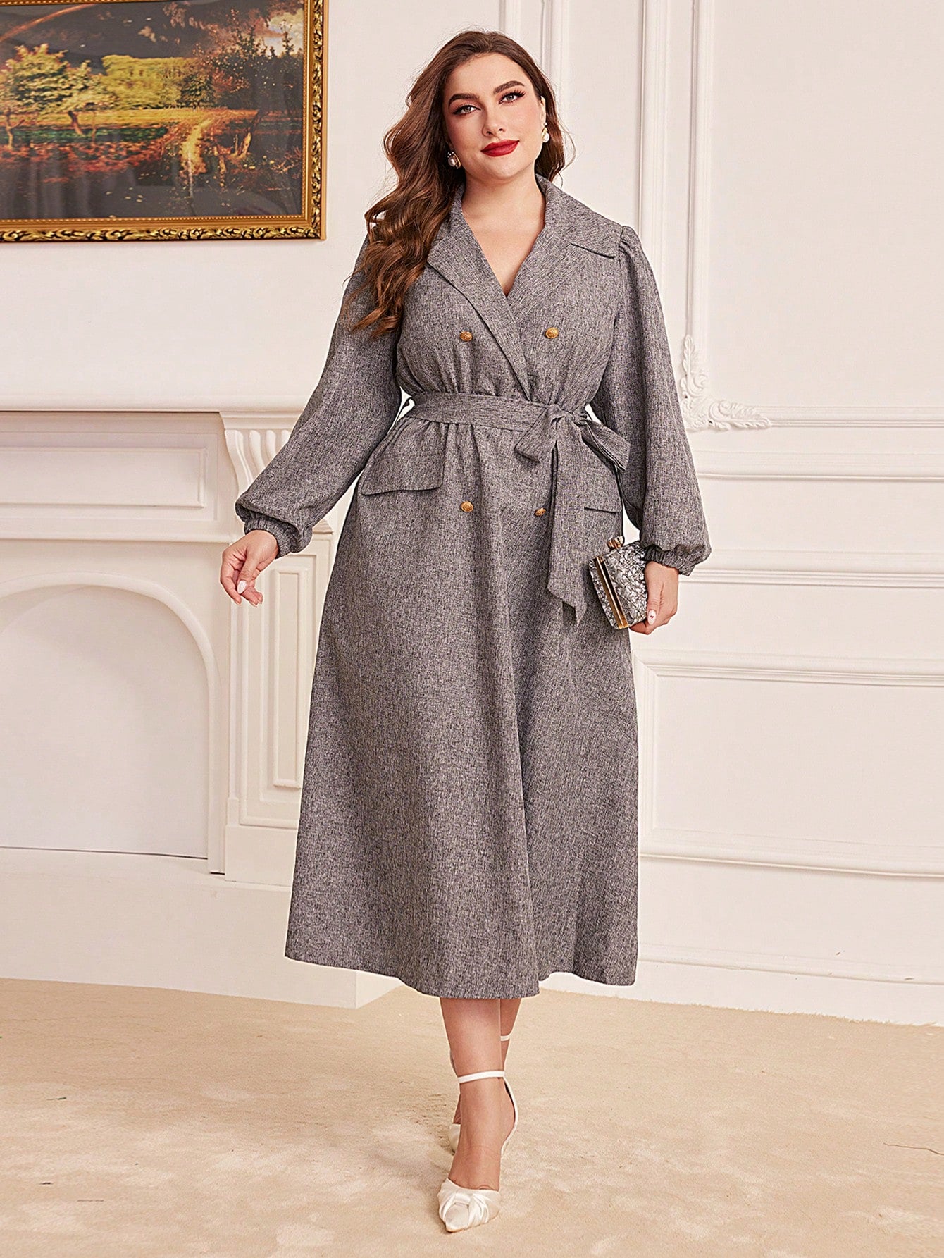 Plus Size Lantern Sleeve Dress With Belted Waist And Turn-down Collar