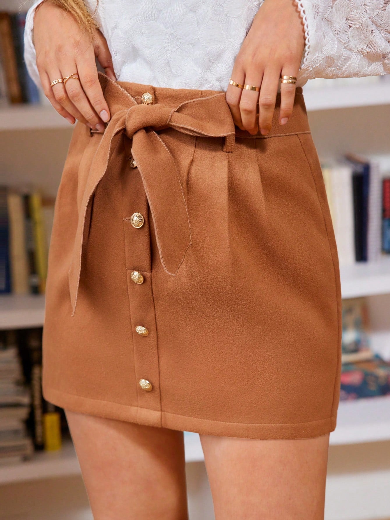 Button Front Belted Skirt