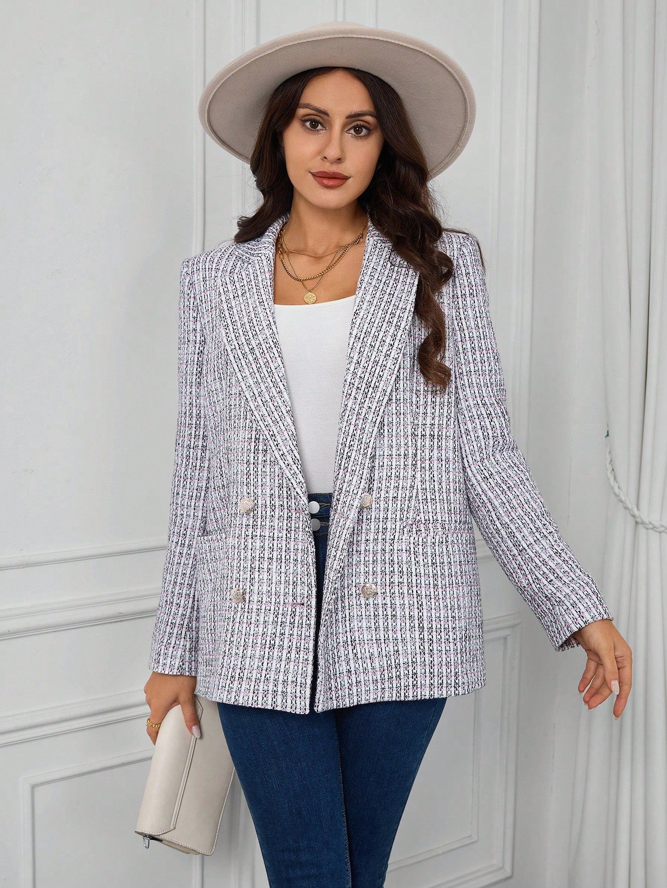 Plaid Pattern Double Breasted Tweed Blazer