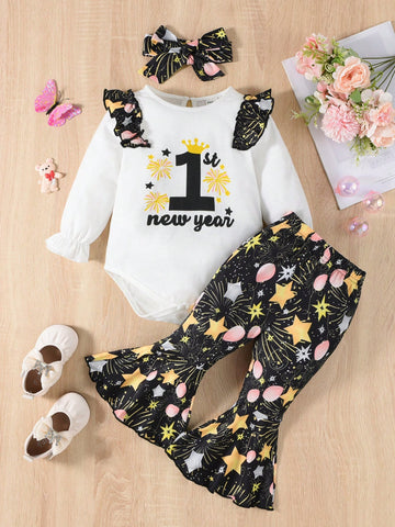 Baby Girl Star & Slogan Graphic Ruffle Trim Bodysuit & Flare Leg Pants & Headband