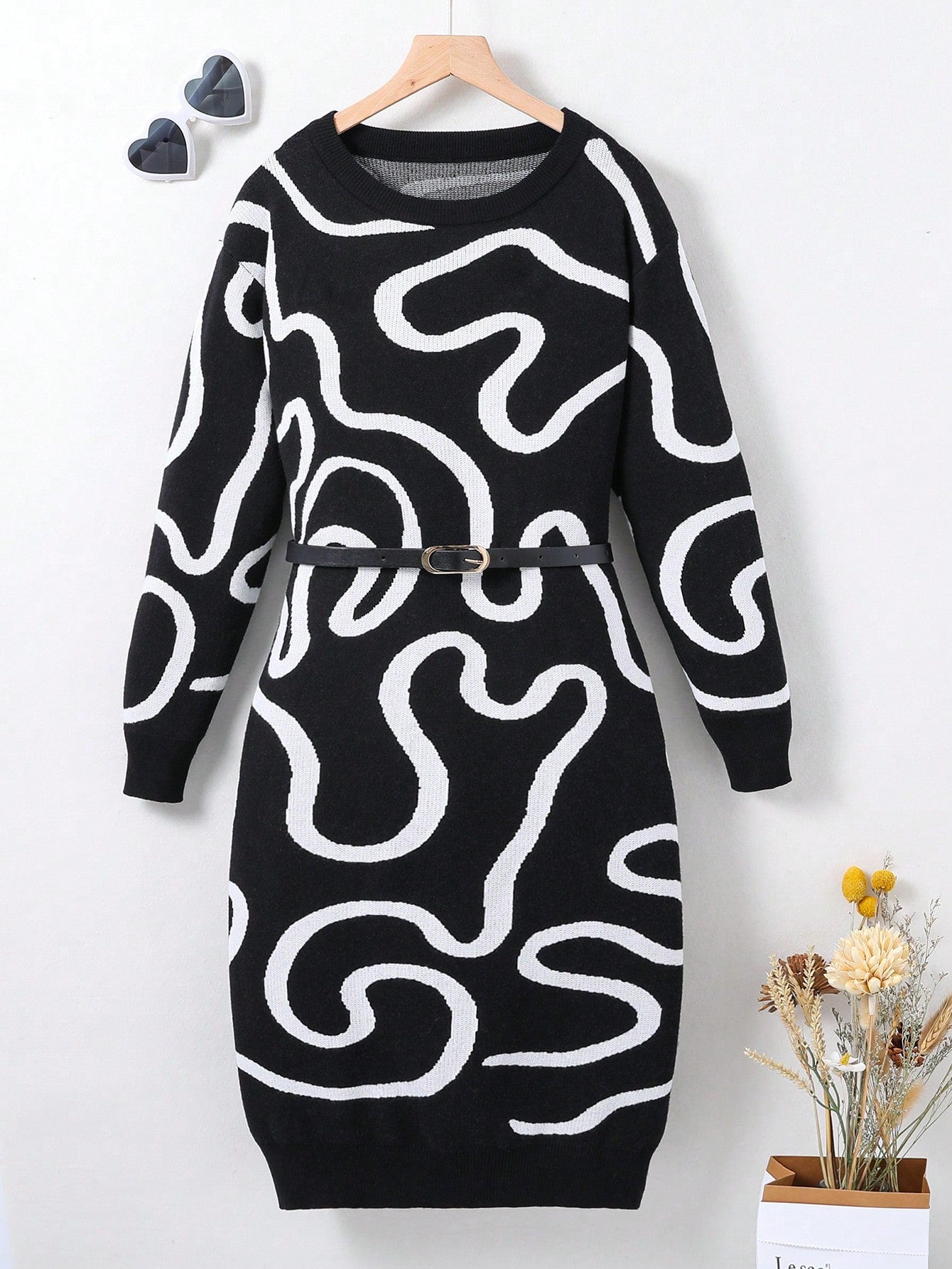 Teen Girl Graphic Pattern Sweater Dress Without Belt