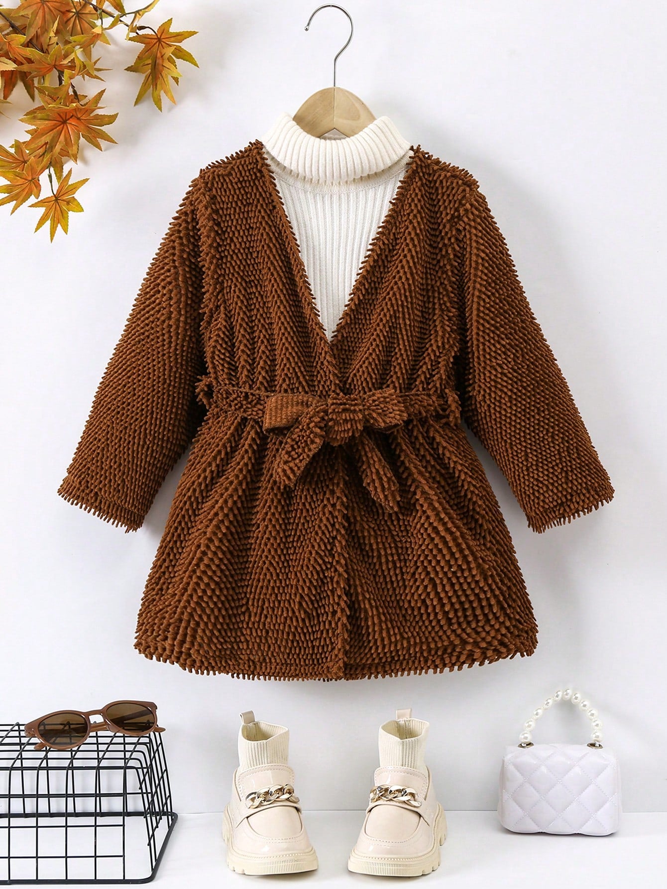 Young Girl 1pc Open Front Belted Coat