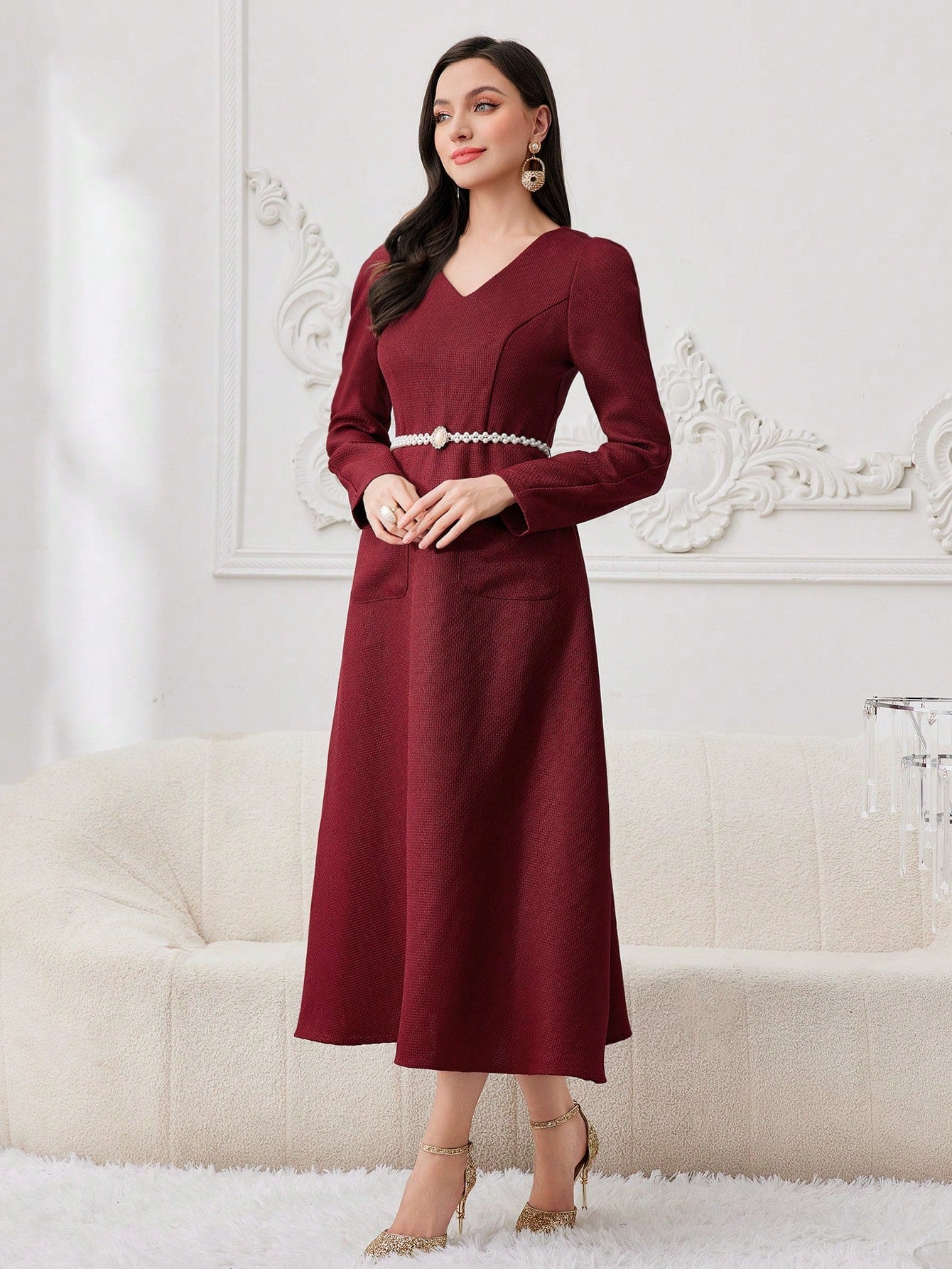 Women's Double Pocket Leg-of-mutton Sleeve Dress