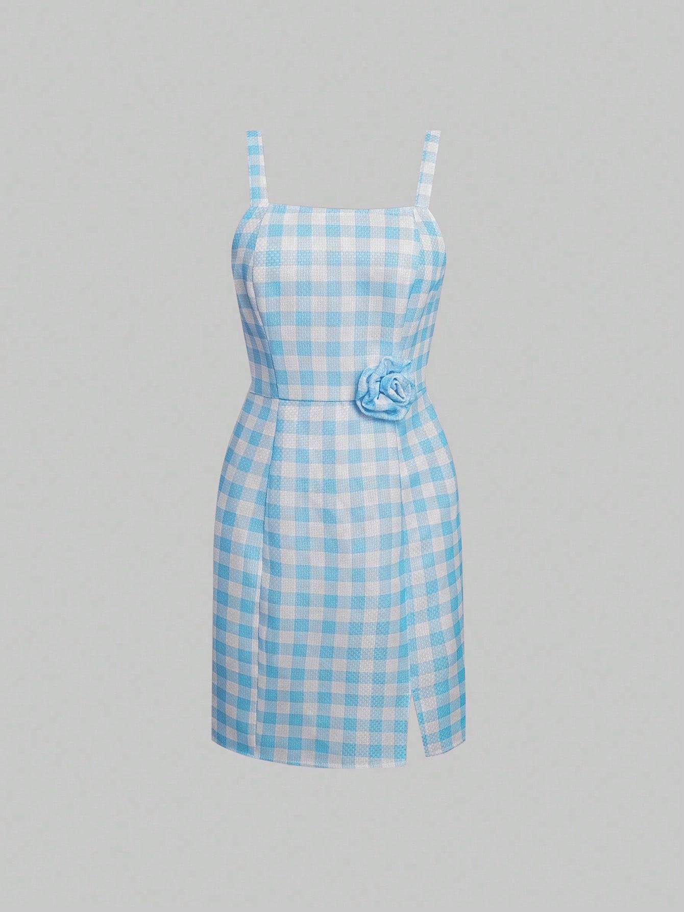 Gingham Print Appliques Split Hem Cami Dress