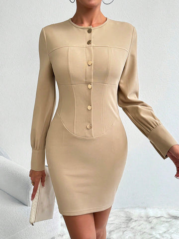 Solid Button Front Bodycon Dress