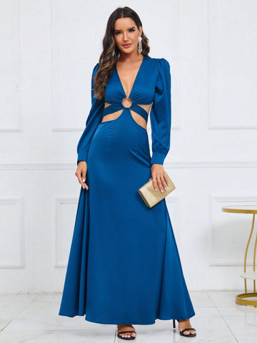 Plunging Neck Cut Out Waist A-line Dress